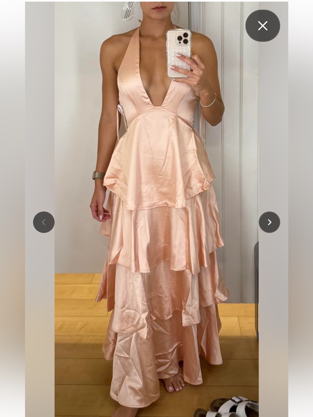 NWT Indikah Women's Peach Halter Tiered ruffle Satin Maxi Dress, Size Large